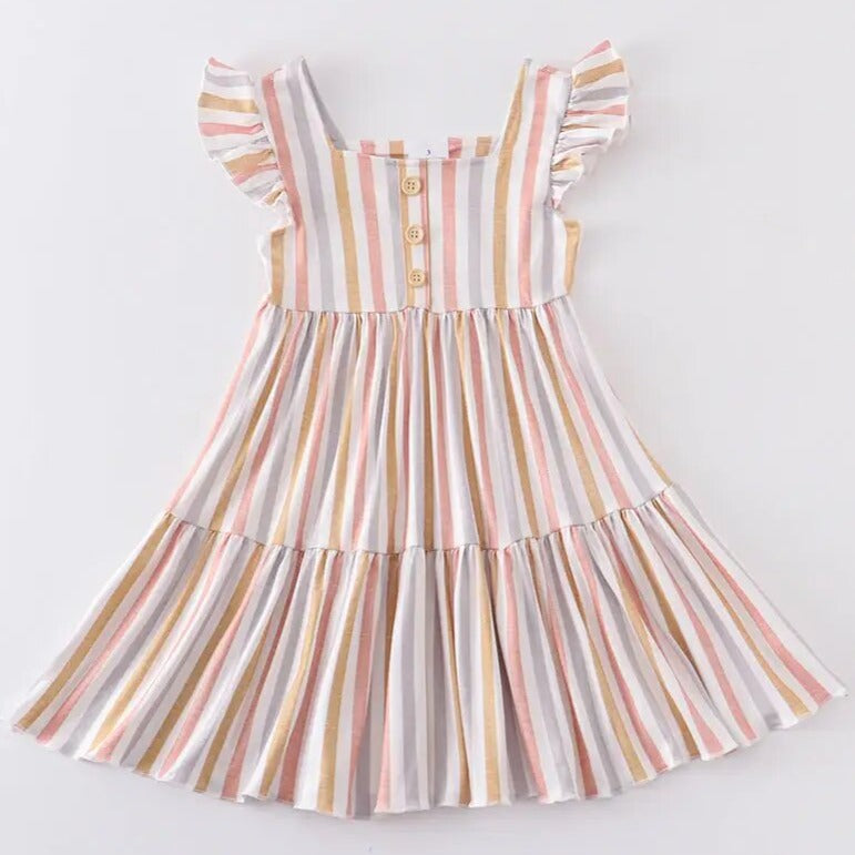 Stripe Flutter Trim Tiered Dress