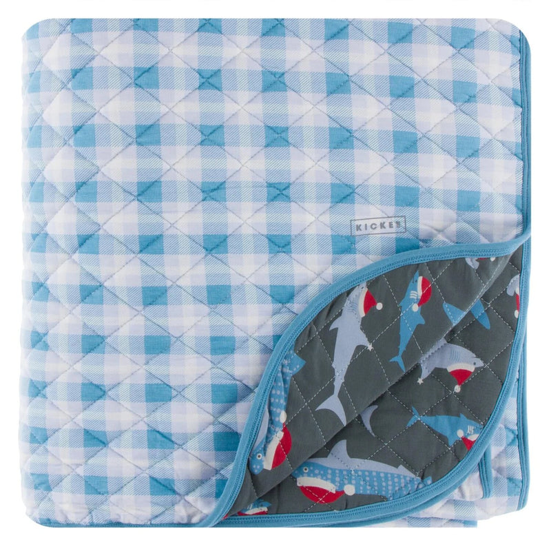 Kickee Pants Quilted Throw Blanket - Blue Moon Holiday Plaid/Pewter Santa Sharks