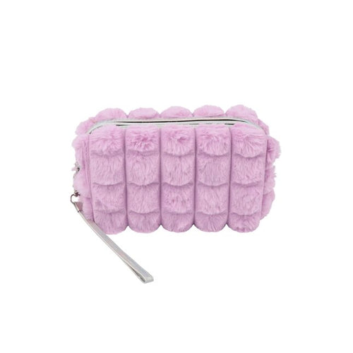 Faux Fur Quilted Cosmetic Pouch - Lavender