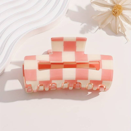 Kids Checkered Claw Clip - Coral / White