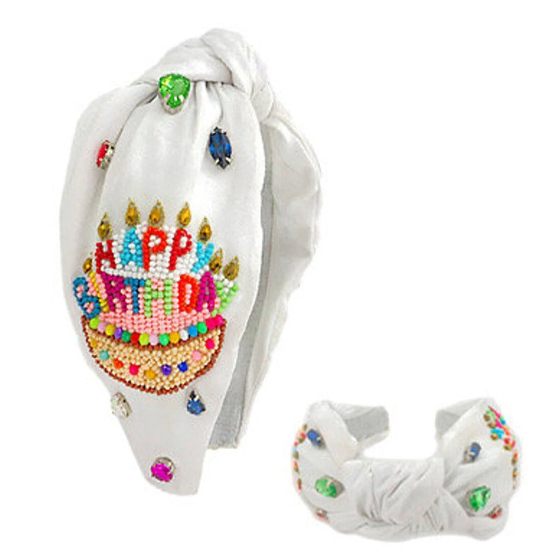 Happy Birthday Beaded Headband - White
