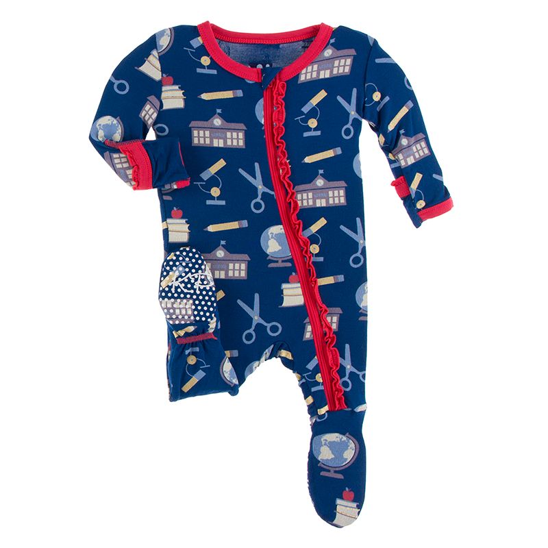 Kickee Pants Print Muffin Ruffle Footie with Zipper - Navy Education Everyday Heroes