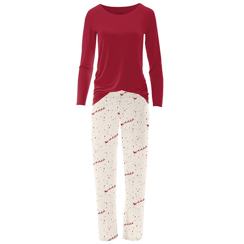 Kickee Pants Women's Long Sleeve Loosey Goosey Tee & Pajama Pants Set - Natural Flying Santa