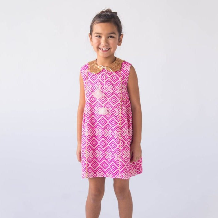 Lali Kids Persimmon Dress - Pink Jaquard with Gold Detail