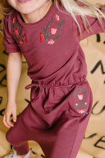 Rags Puff Sleeve Gather Waist Romper - Flower Embroidery Roan Rouge