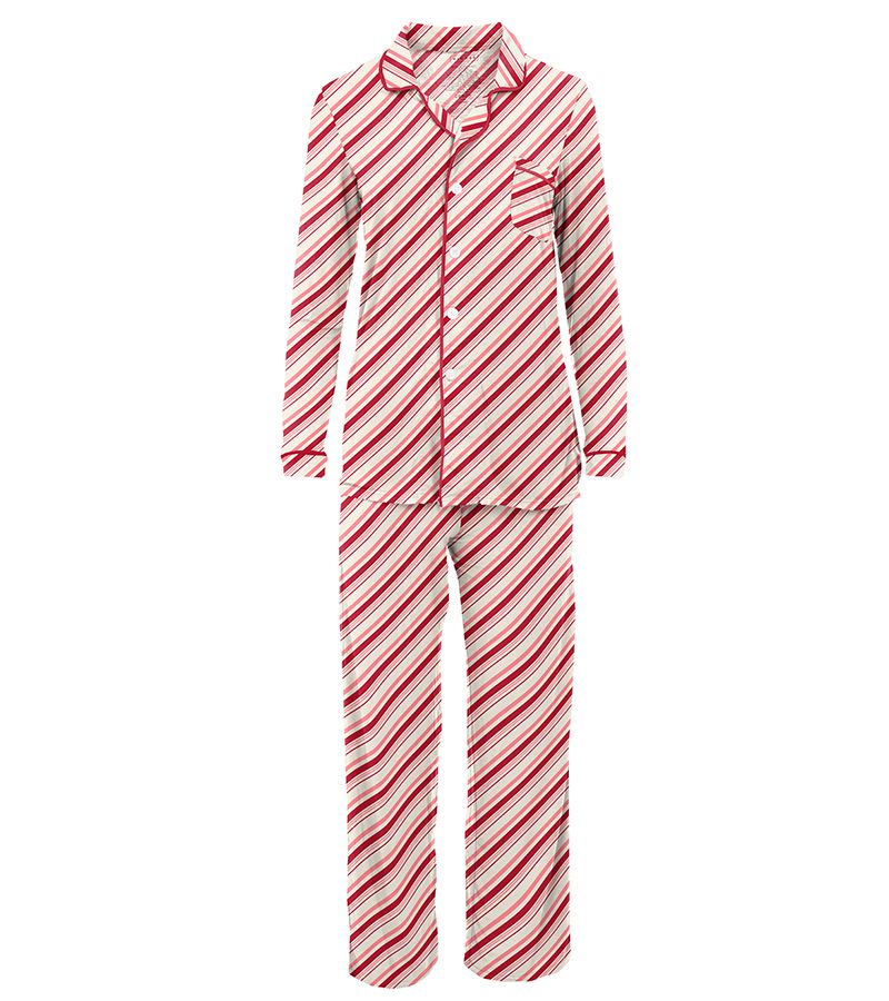Kickee Pants Women's Collared Pajama Set - Strawberry Candy Cane Stripe