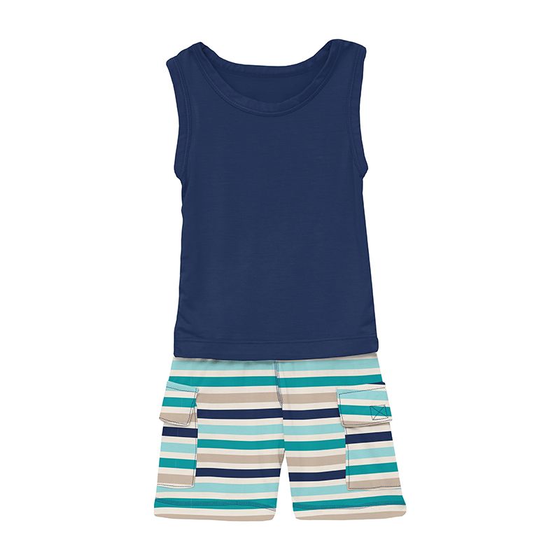 Kickee Pants Tank & Cargo Short Outfit Set - Sand and Sea Stripe