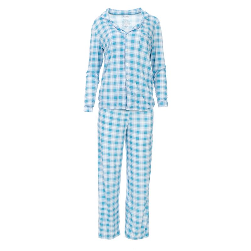 Kickee Pants Women's Print Long Sleeve Collared Pajama Set - Blue Moon 2020 Holiday Plaid