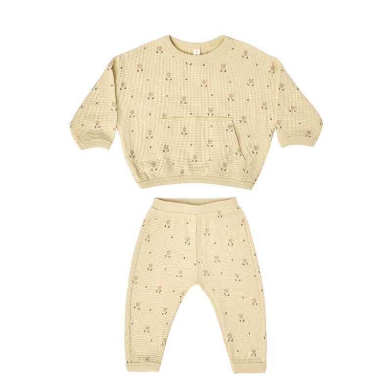 Quincy Mae Waffle Sweat Set - Yellow Dutch Floral