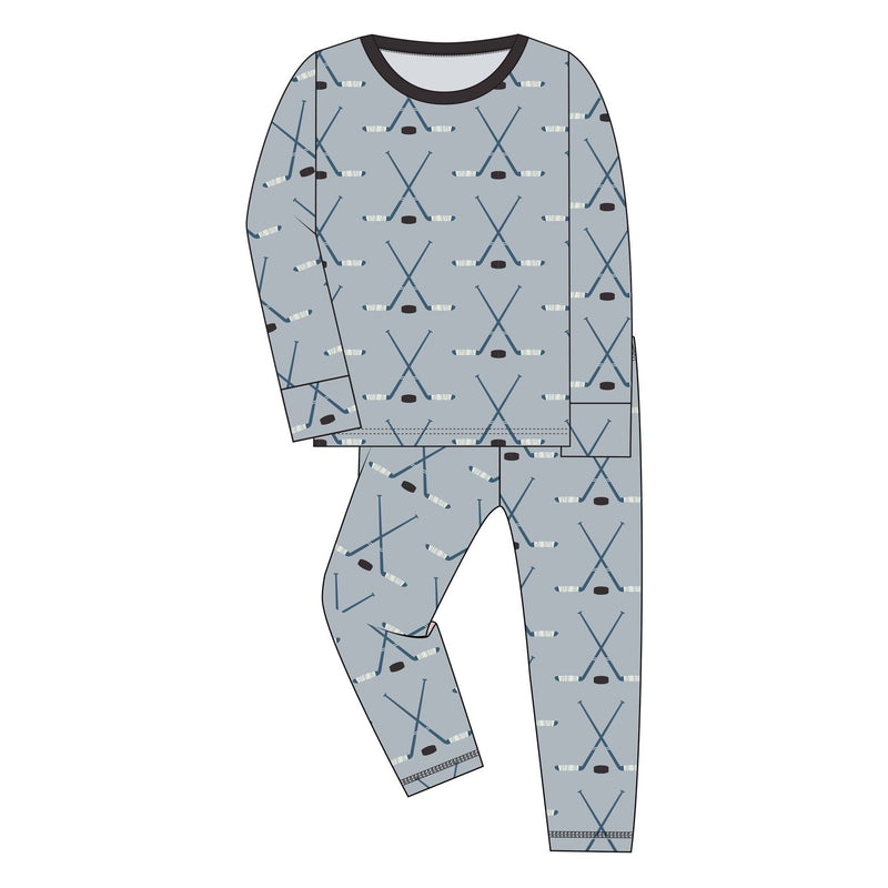 Kickee Pants Custom Long Sleeve Pajama Set Pearl Blue Hockey