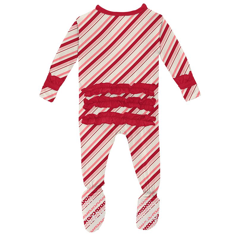 Kickee Pants Classic Ruffle Footie with Zipper - Strawberry Candy Cane Stripe