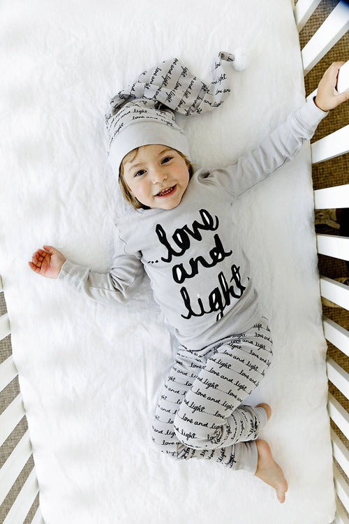 L'oved Baby Organic Kids Long Sleeve PJ and Cap Set - Gray Love and Light