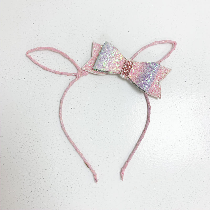 Bari Lynn Bunny Ears with Bow - Pink with Pastel rainbow Bow