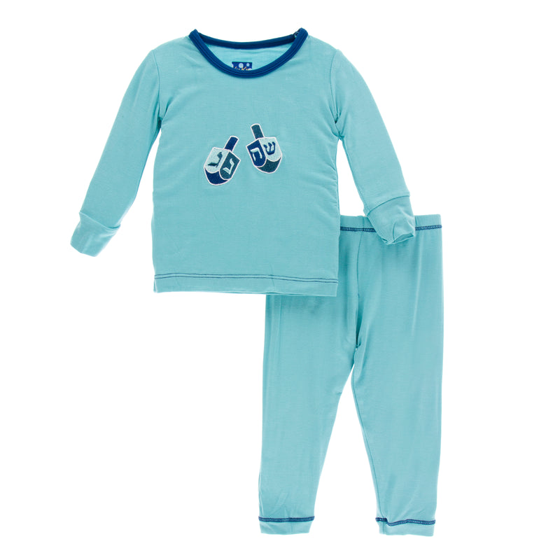Kickee Pants Holiday Long Sleeve Applique Pajama Set - Glacier Dreidel