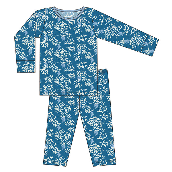 Kickee Pants CUSTOM Print Long Sleeve Pajama Set - Twilight Coral Fans with Pond Trim